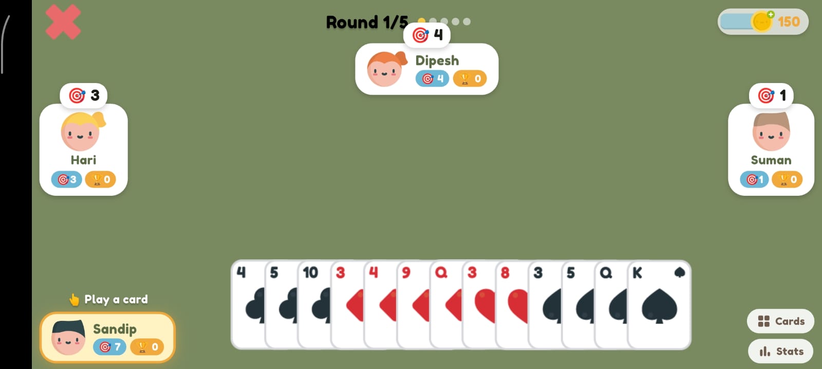 Call Break GO gameplay screen with four players and a hand of cards