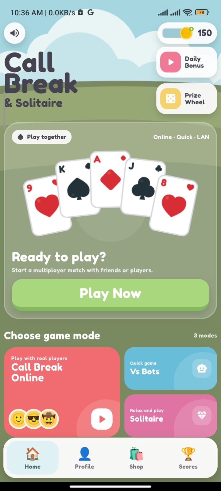 Call Break GO home screen showing game modes