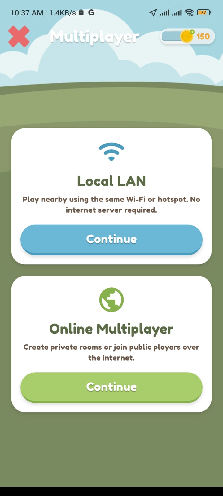 Multiplayer screen with Local LAN and Online Multiplayer options