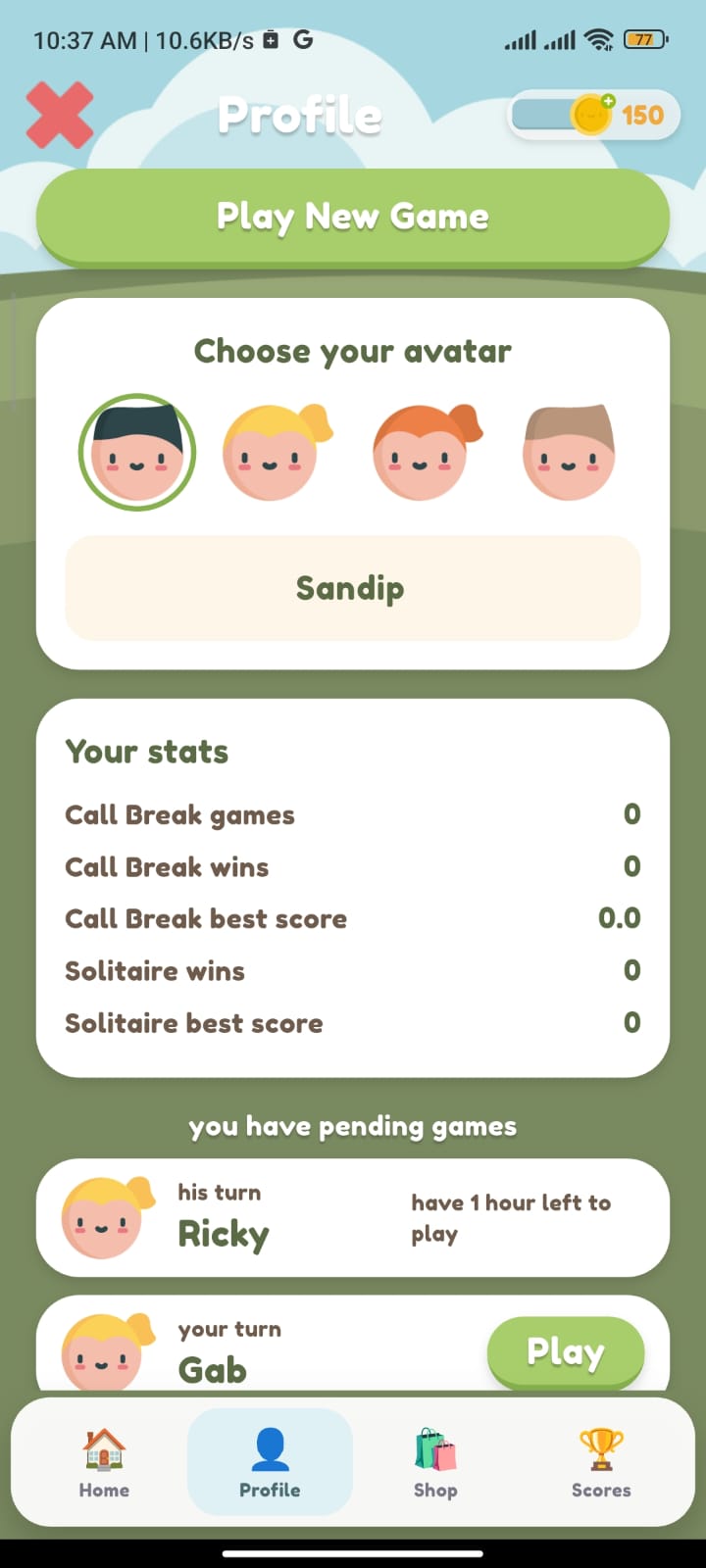 Player profile and statistics screen